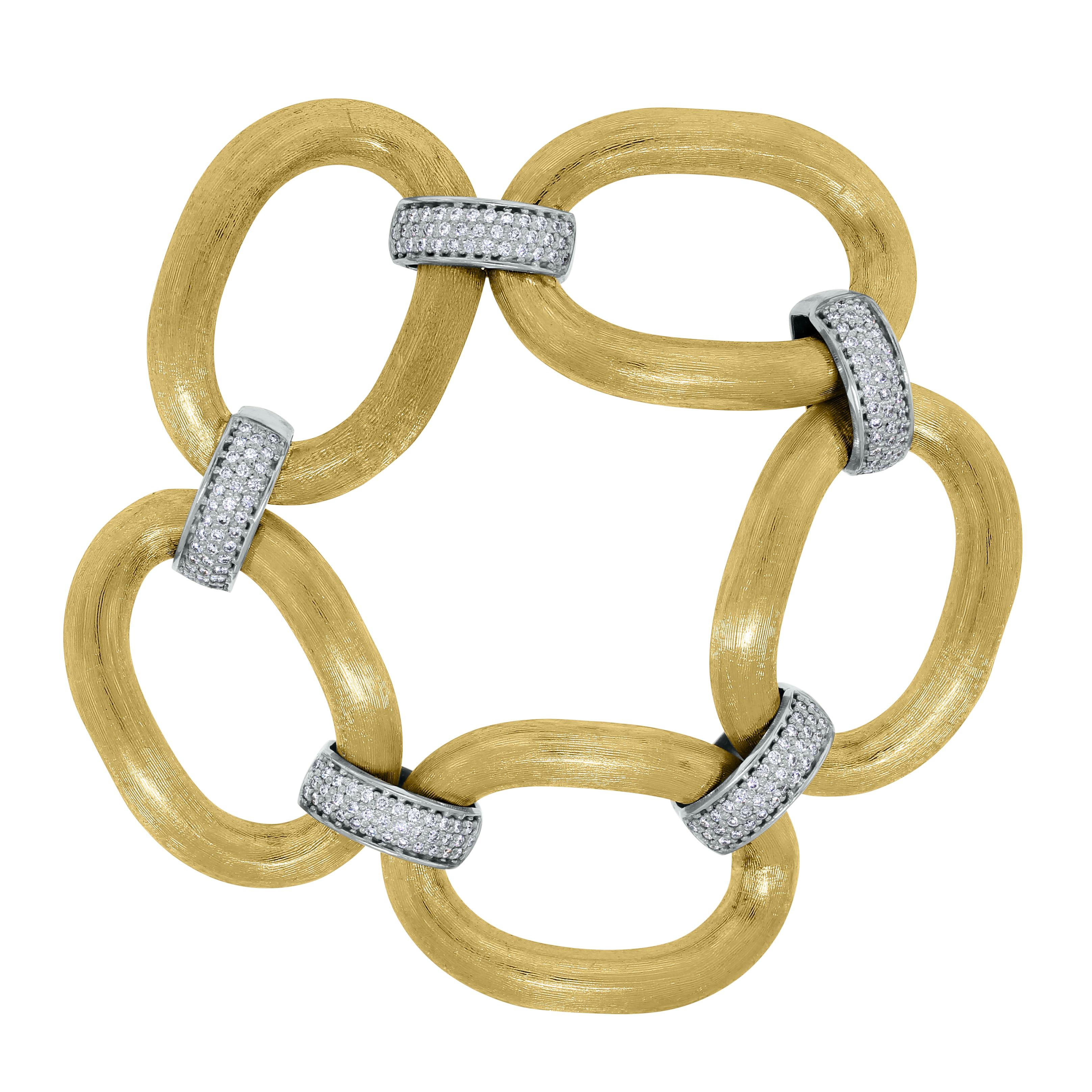 Large satin finished gold links give this bracelet a bold character while the mini diamond links contrast and accentuate its beauty making it an ideal piece of jewelry for occasional or everyday statement wear.

Diamonds Shape: Round 
Total Diamond