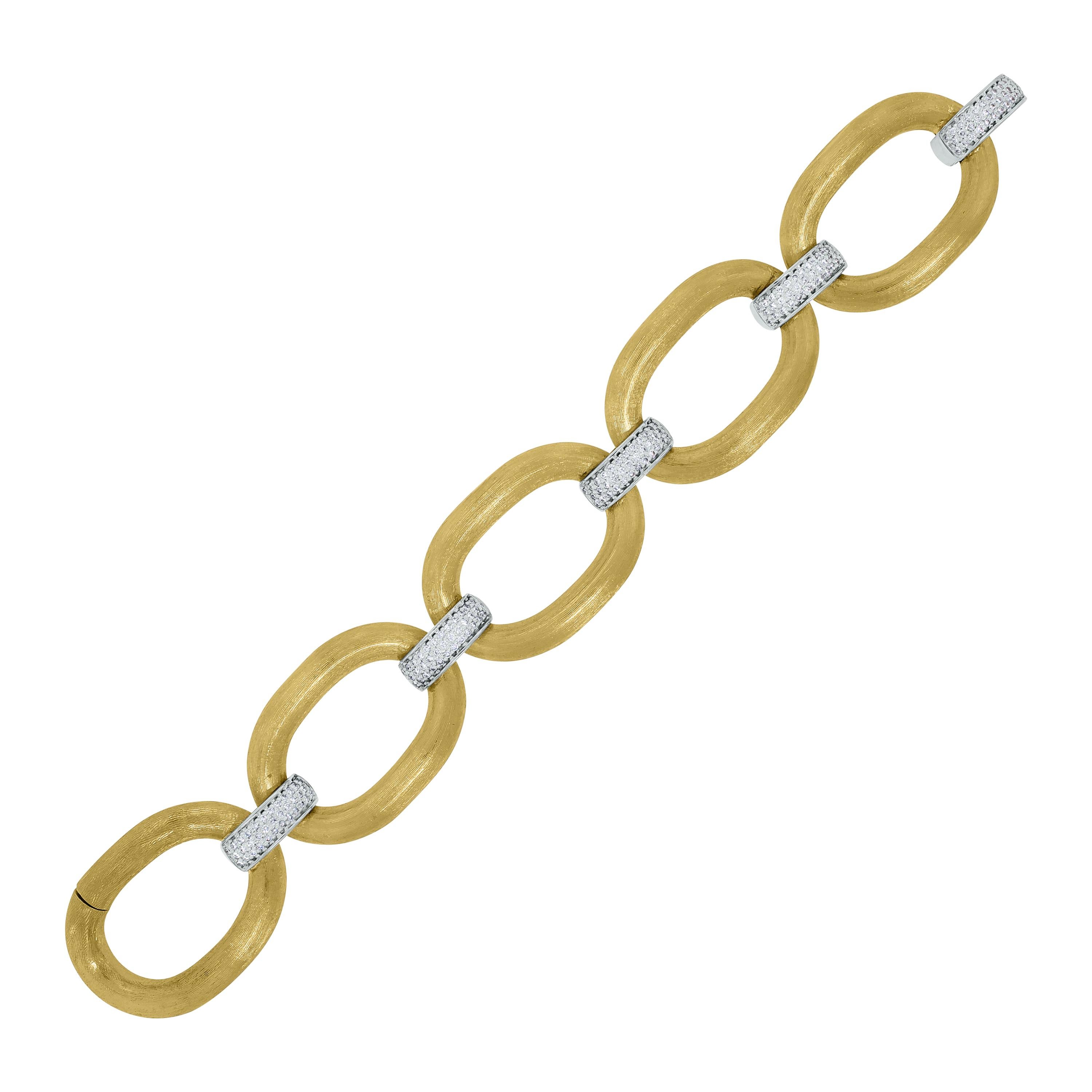 Beauvince Textured Yellow Gold and White Diamond Link Broad Bracelet