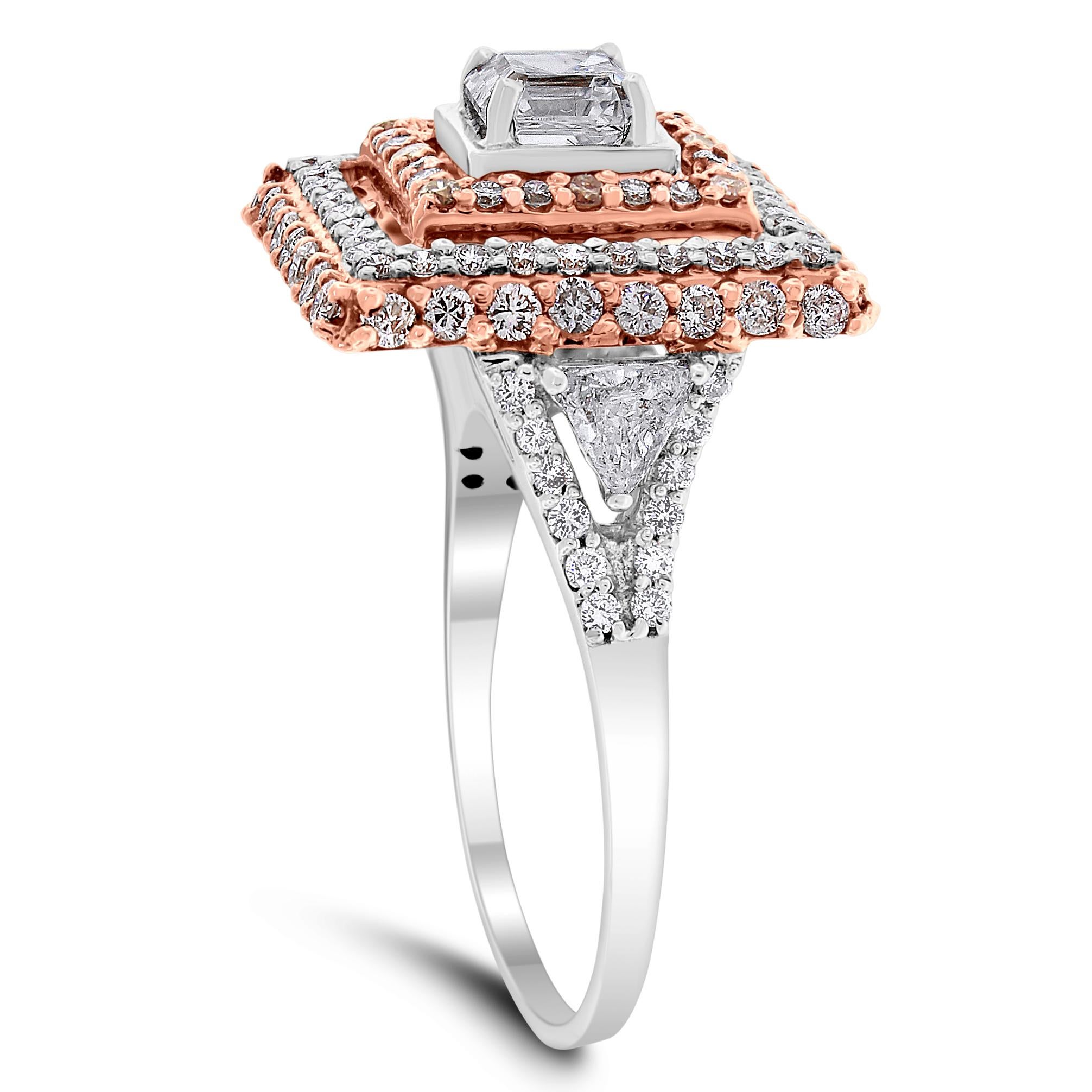 The Trina is a refreshing cocktail diamond ring bringing together shapes and colors in a stylish unique design.

Center Diamond Shape: Asscher Cut
Center Diamond Weight: 0.71 ct 
Diamond Color: G
Diamond Clarity: VVS

Side Diamonds Shapes: Trilliant