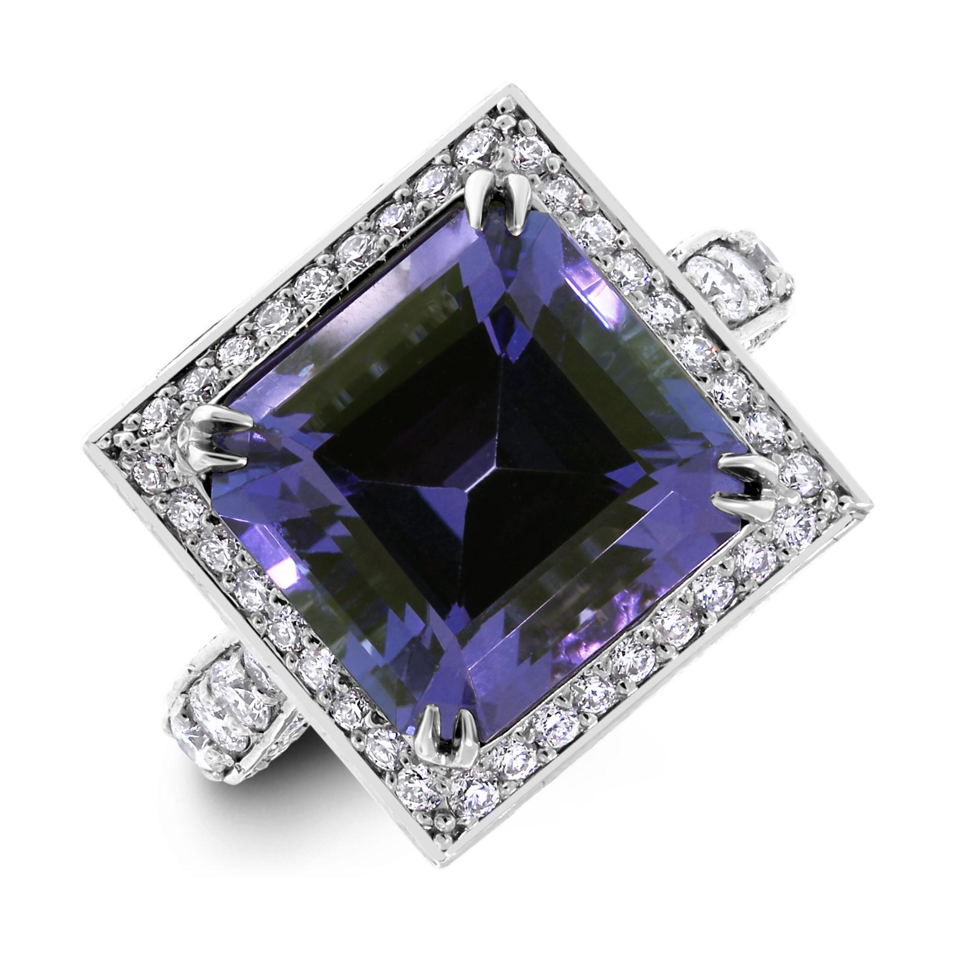 Mixed Cut Beauvince Violet Chameleon Ring (8.92 ct Tanzanite & Diamonds) in White Gold For Sale