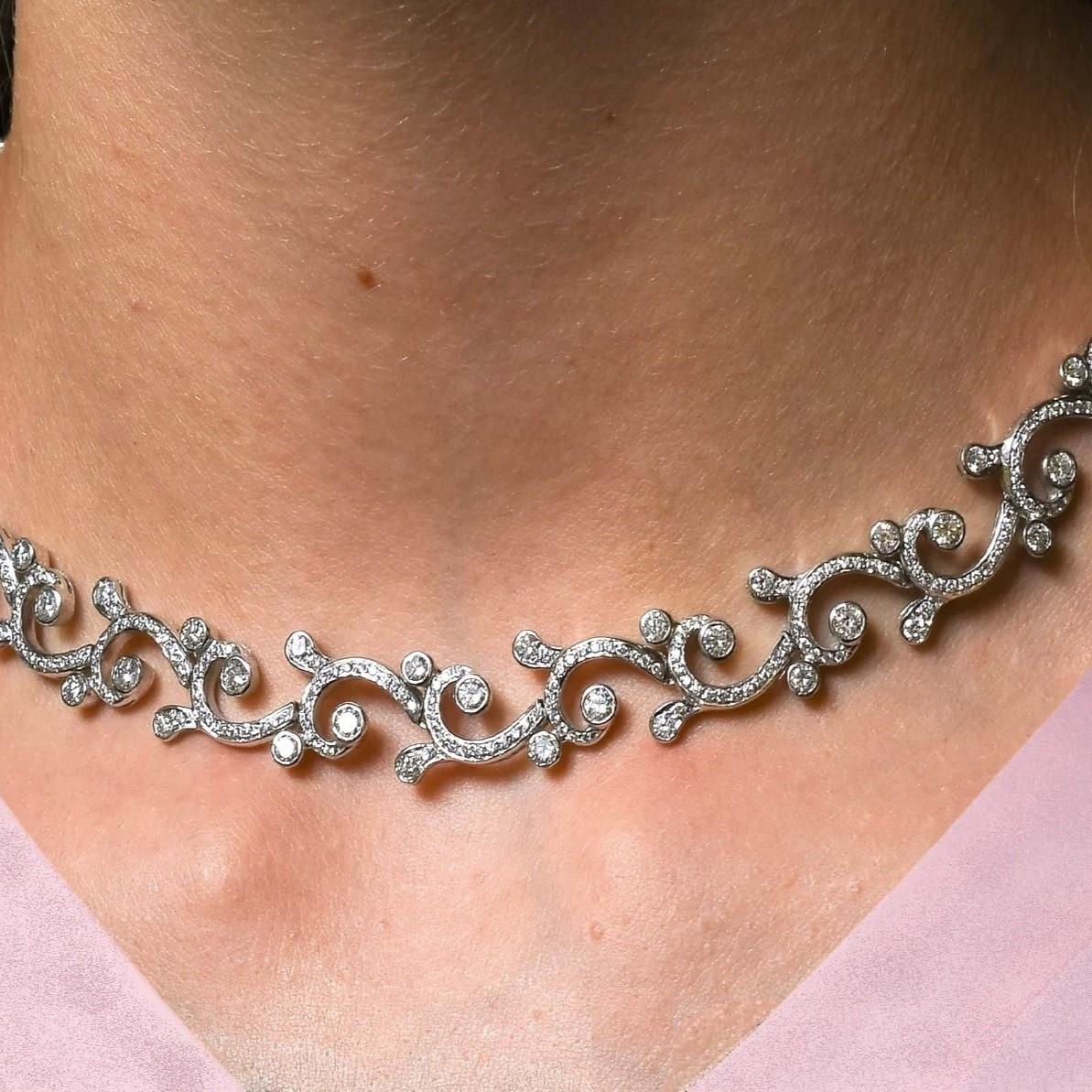 Round Cut Beauvince Waves & Tides Necklace (12.16 ct Diamonds) in White Gold For Sale