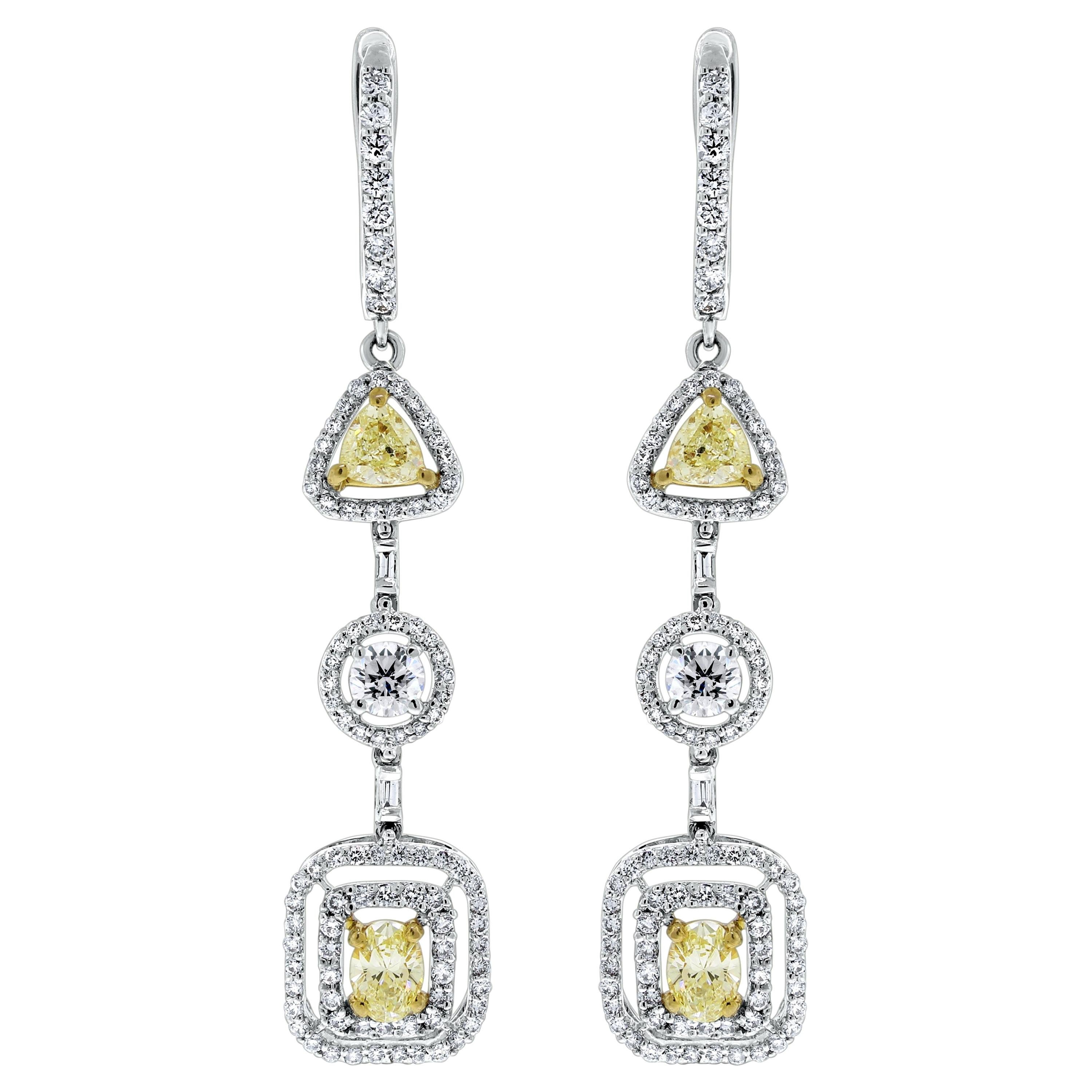 Beauvince Yellow and White Diamond Halo Dangle Earrings in White Gold