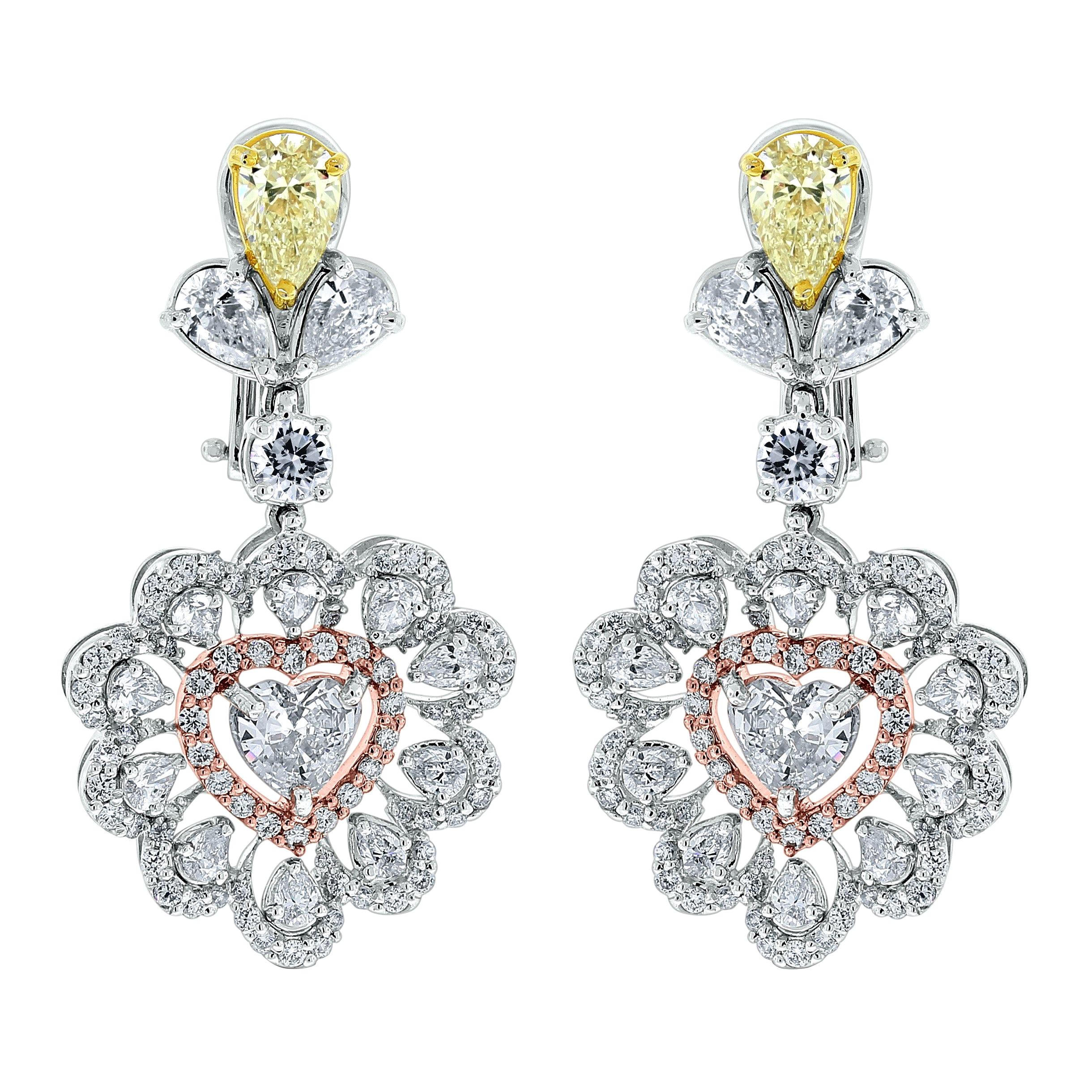 Beauvince Yellow and White Diamond Heart Drop Earrings in White Gold