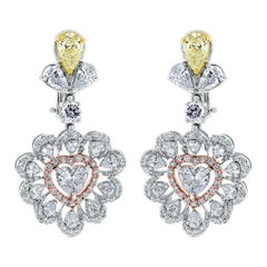 Beauvince Boucles d'oreilles en goutte en forme de cœur en or blanc et diamants jaunes et blancs