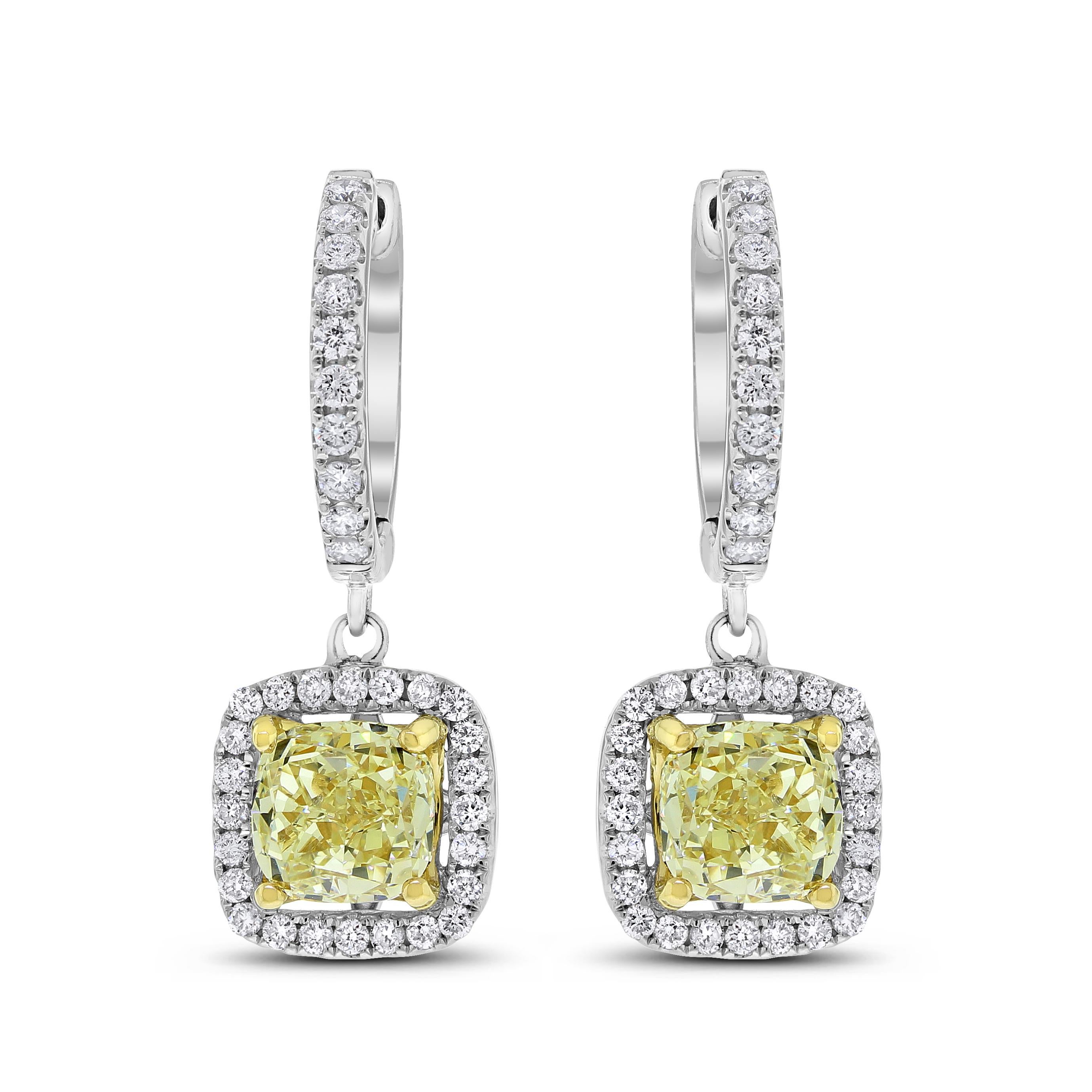 Beauvince Yellow Cushion Diamond Dangle Halo Earrings 3.67 ct Diamonds in Gold In New Condition For Sale In New York, NY