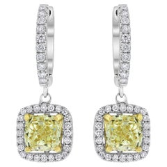 Beauvince Yellow Cushion Diamond Dangle Halo Earrings 3.67 ct Diamonds in Gold