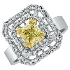 Beauvince Bague solitaire coussin jaune et halo de diamants blancs en or blanc