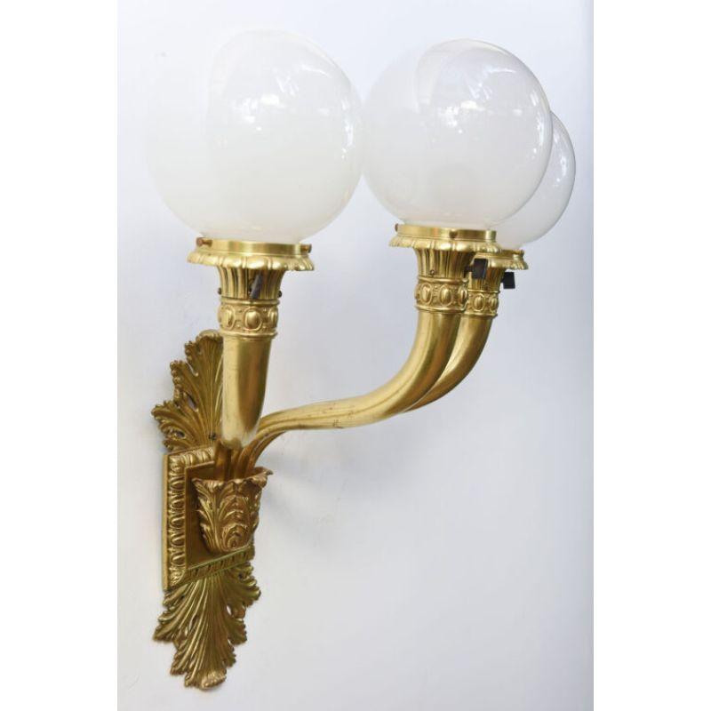 Beaux Arts Bronze Three Light Sconces – A Pair In Good Condition For Sale In Canton, MA