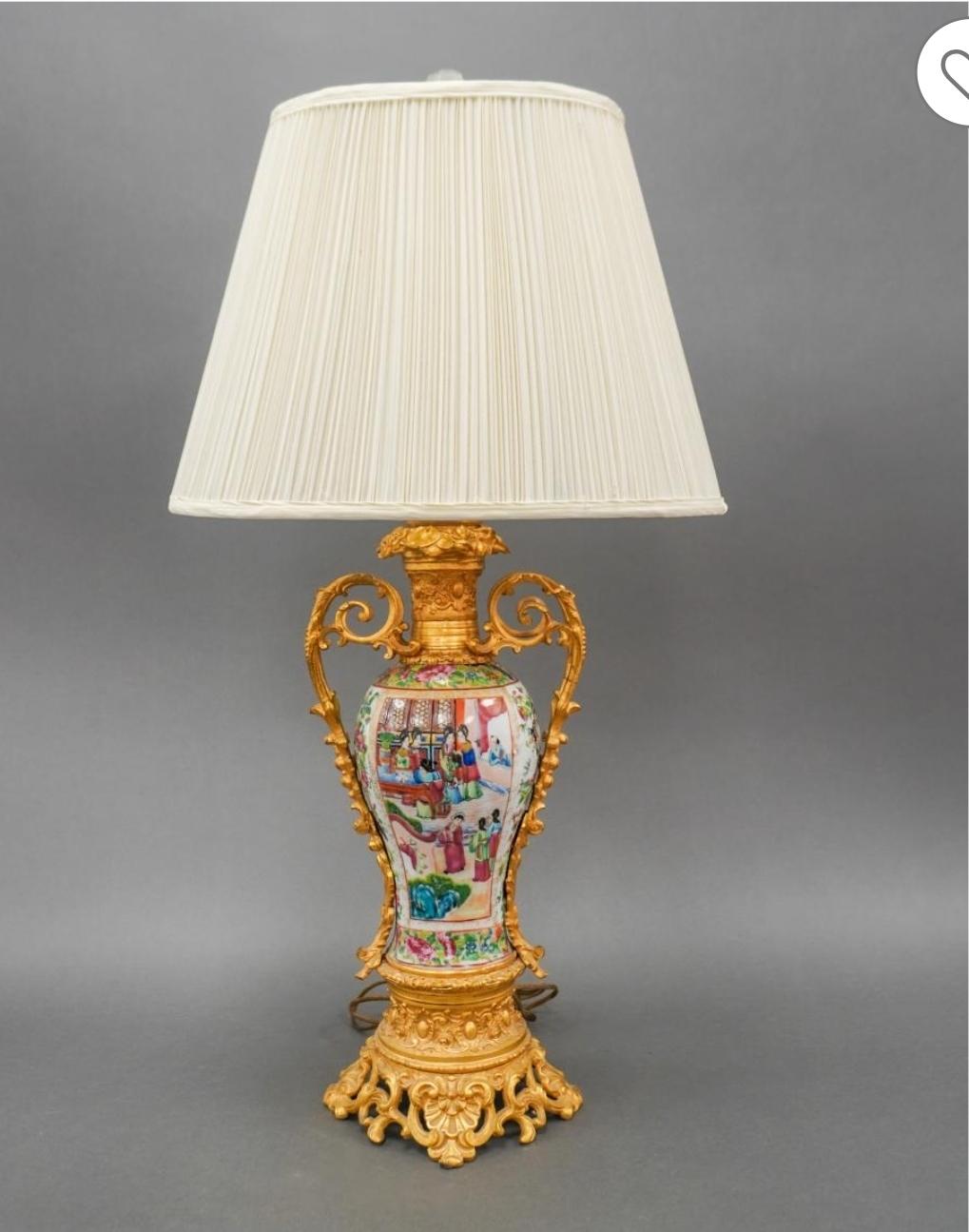 Enameled Beaux Arts Style Gilt Bronze Chinese Famille Rose Canton Porcelain Vase as Lamp For Sale