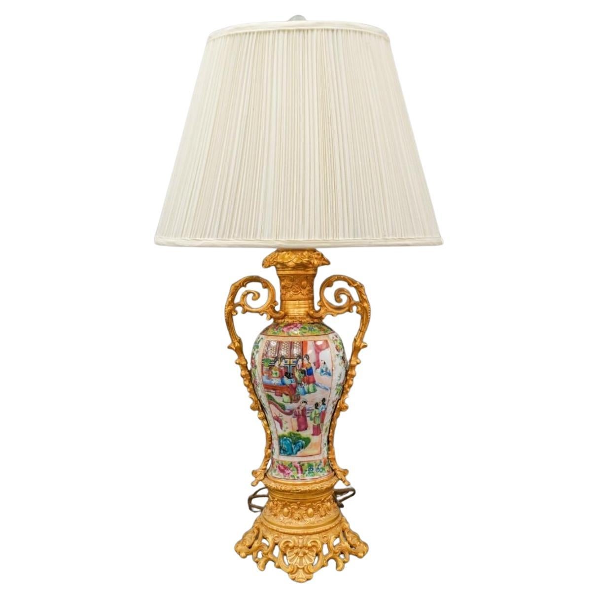 Beaux Arts Style Gilt Bronze Chinese Famille Rose Canton Porcelain Vase as Lamp For Sale