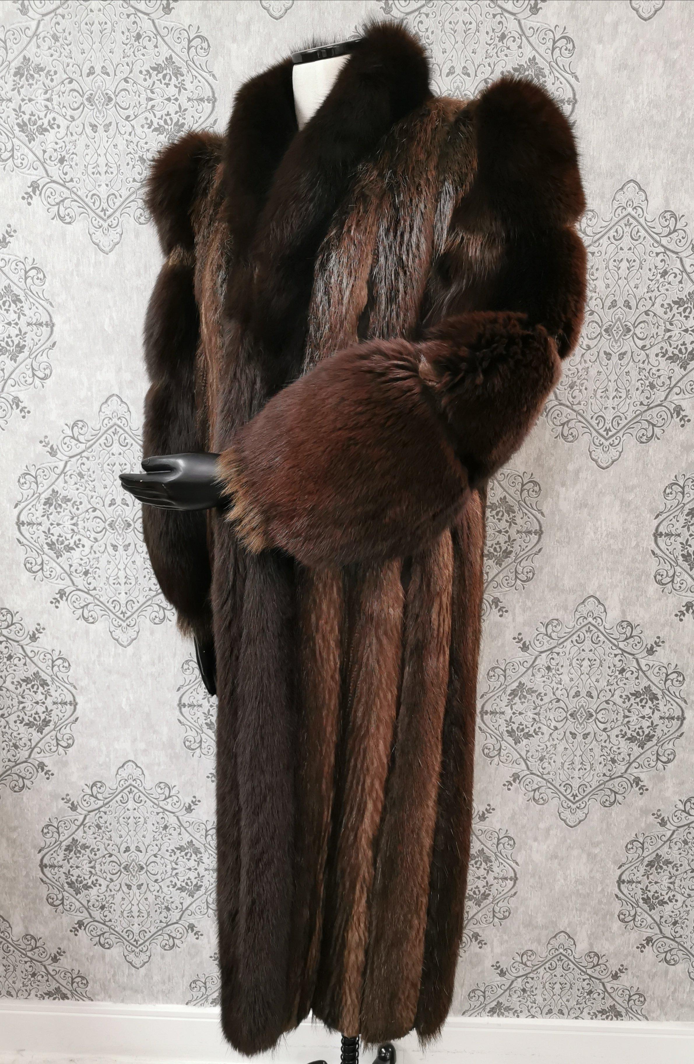 Black Brand New Paul Madger Beaver Fur Coat Fox Fur Trim and Sleeves (Size 10-M)