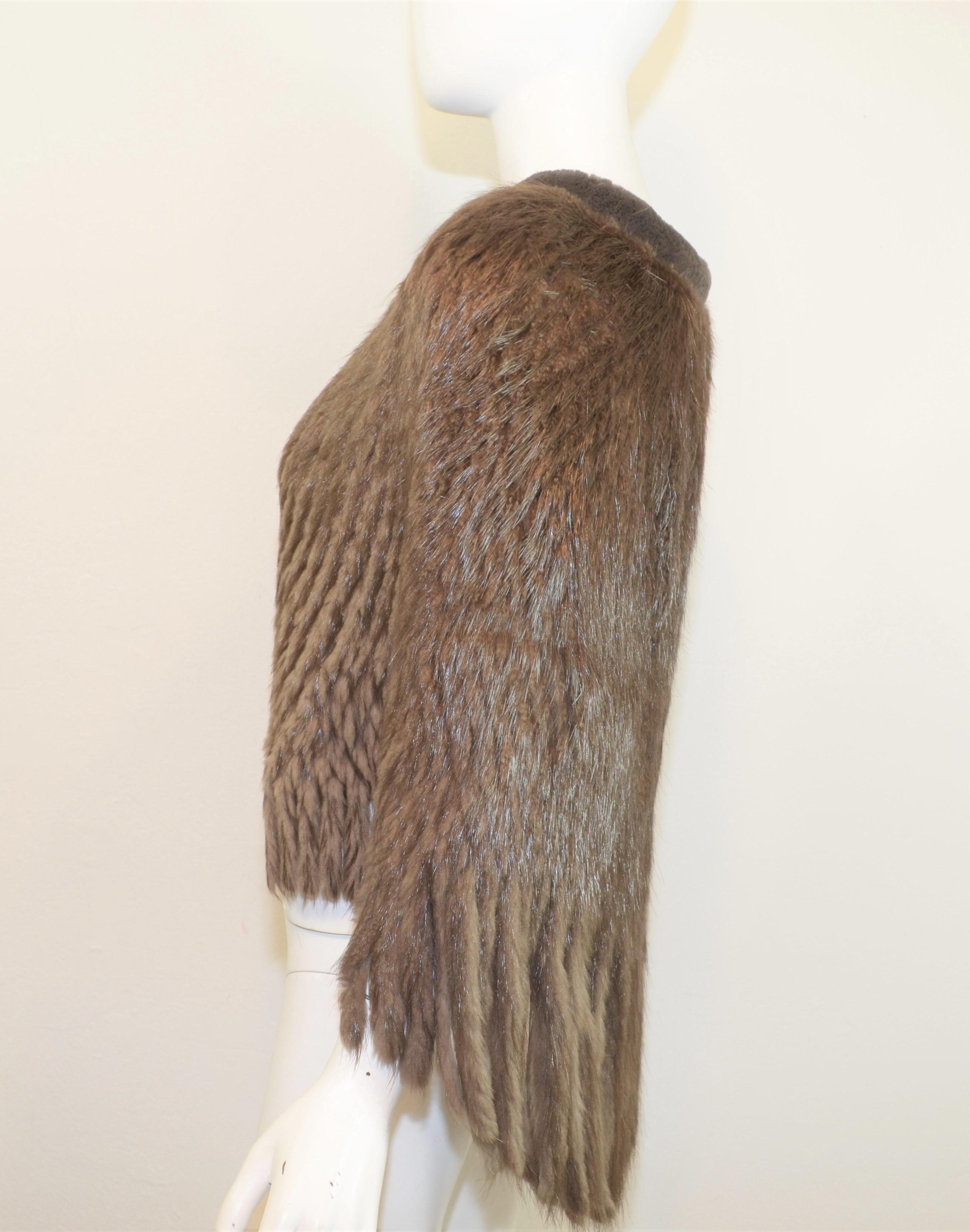 Brown Beaver Fur Knit Cape with Fringe