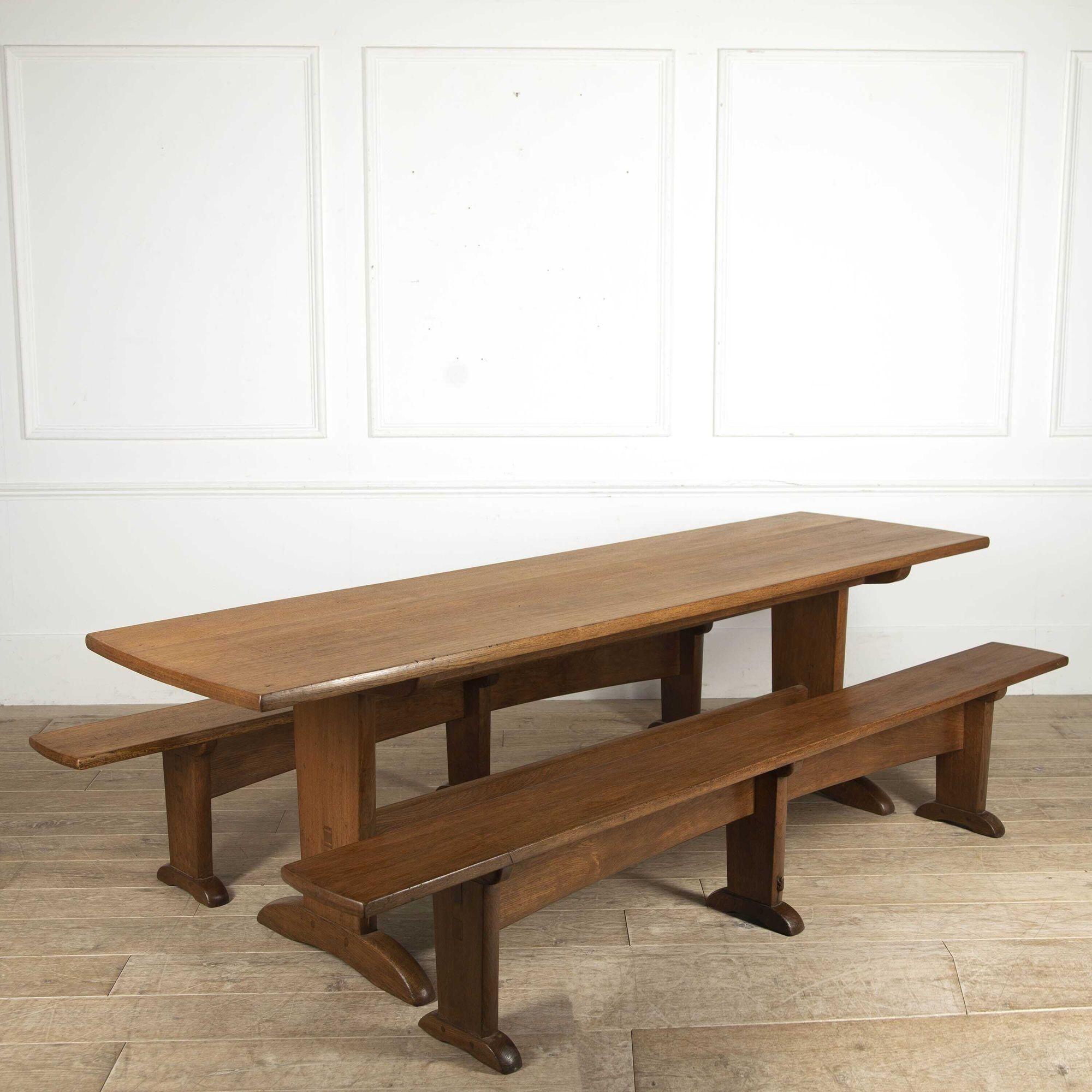 Wonderful 20th century oak table and two benches.
This lovely set was made by Colin 
