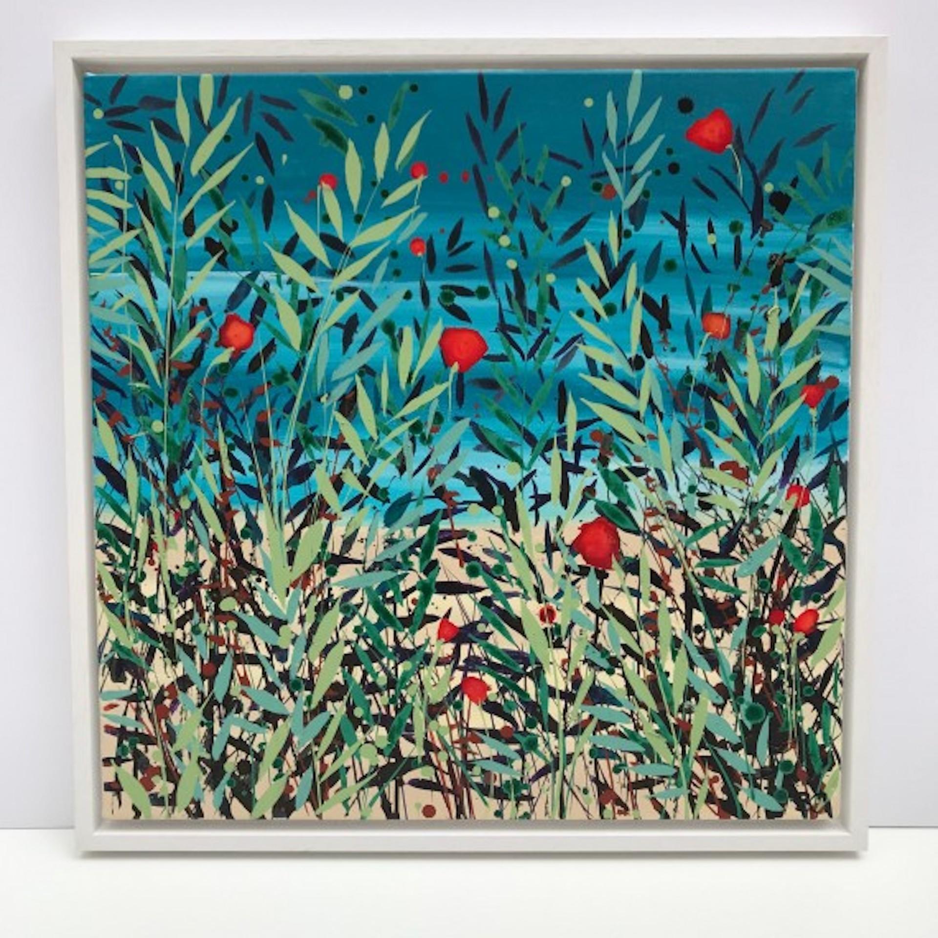 Becca Clegg, Papaveri ed erbe di Cromer con vista sul mare, quadro floreale originale 1