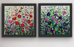 « Herbes délicates IV » et « Fleurs roses et herbes vertes », diptyque, peinture originale