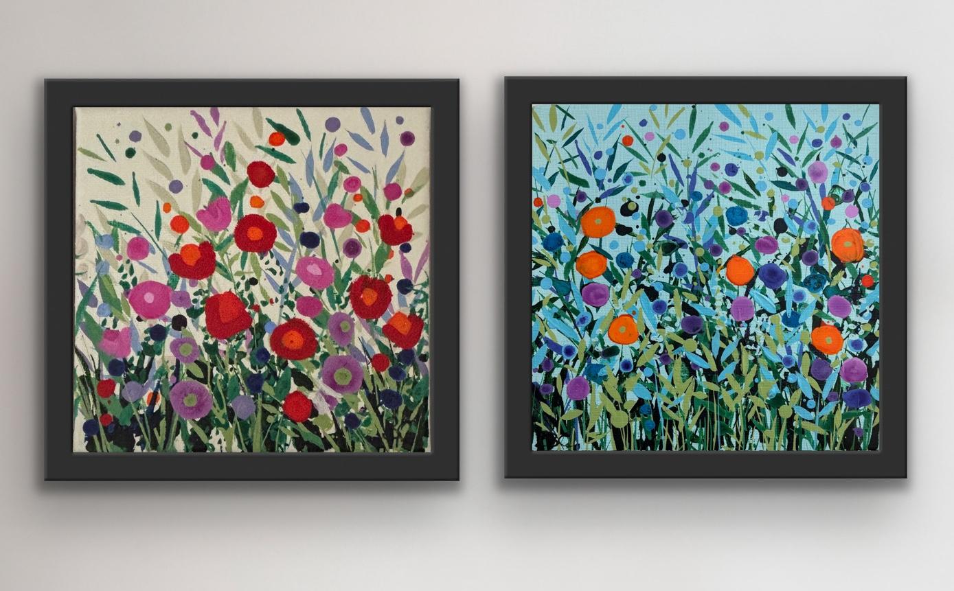 Becca Clegg Landscape Painting - Delicate Grasses IV & Turquoise Dancing Flowers VIII, diptych, original painting