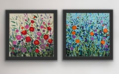 Delicate Grasses IV & Turquoise Dancing Flowers VIII, diptych, original painting