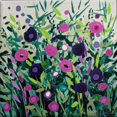 Rosa Blumen und grüne Gräser, Originalgemälde, Landschaft