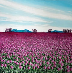 Pink Tulips: Blue Mountains, original painting, landscape