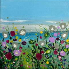 Flores silvestres y vista al mar I, pintura original, paisaje