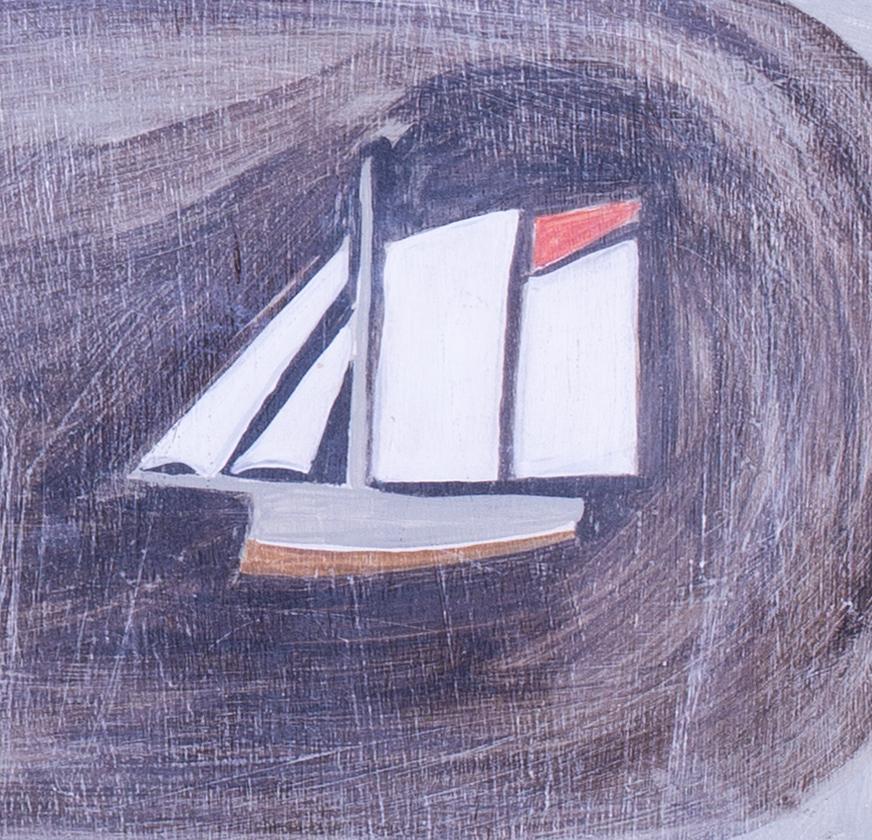 21st Century oil painting of a Thames barge in London, abstract in greys - Painting by Beccy Marshall 