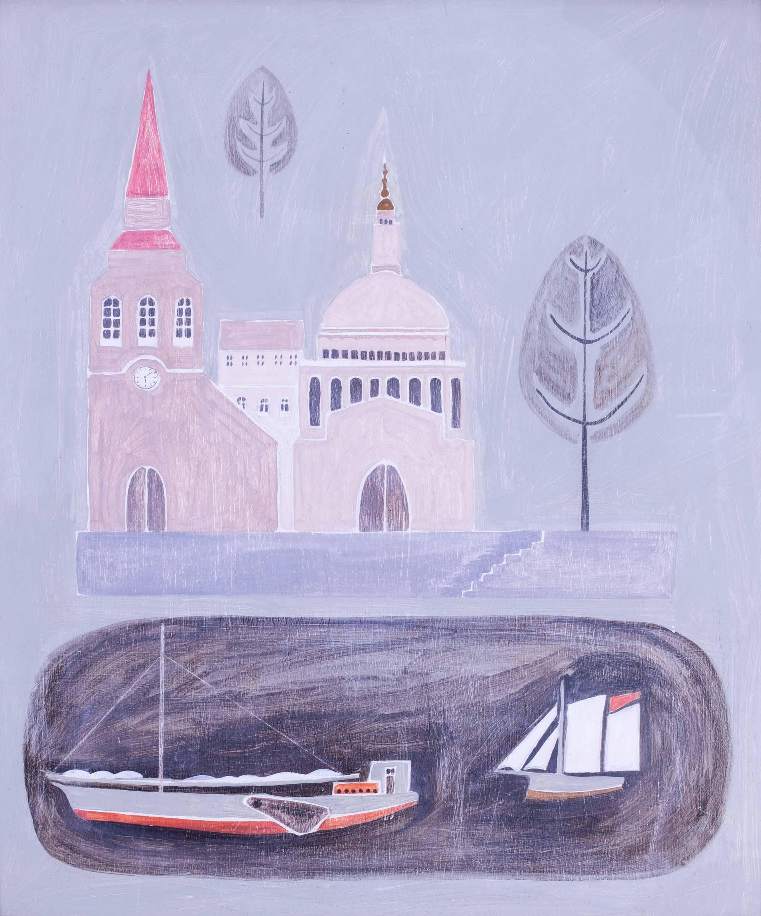 21st Century oil painting of a Thames barge in London, abstract in greys - Purple Landscape Painting by Beccy Marshall 