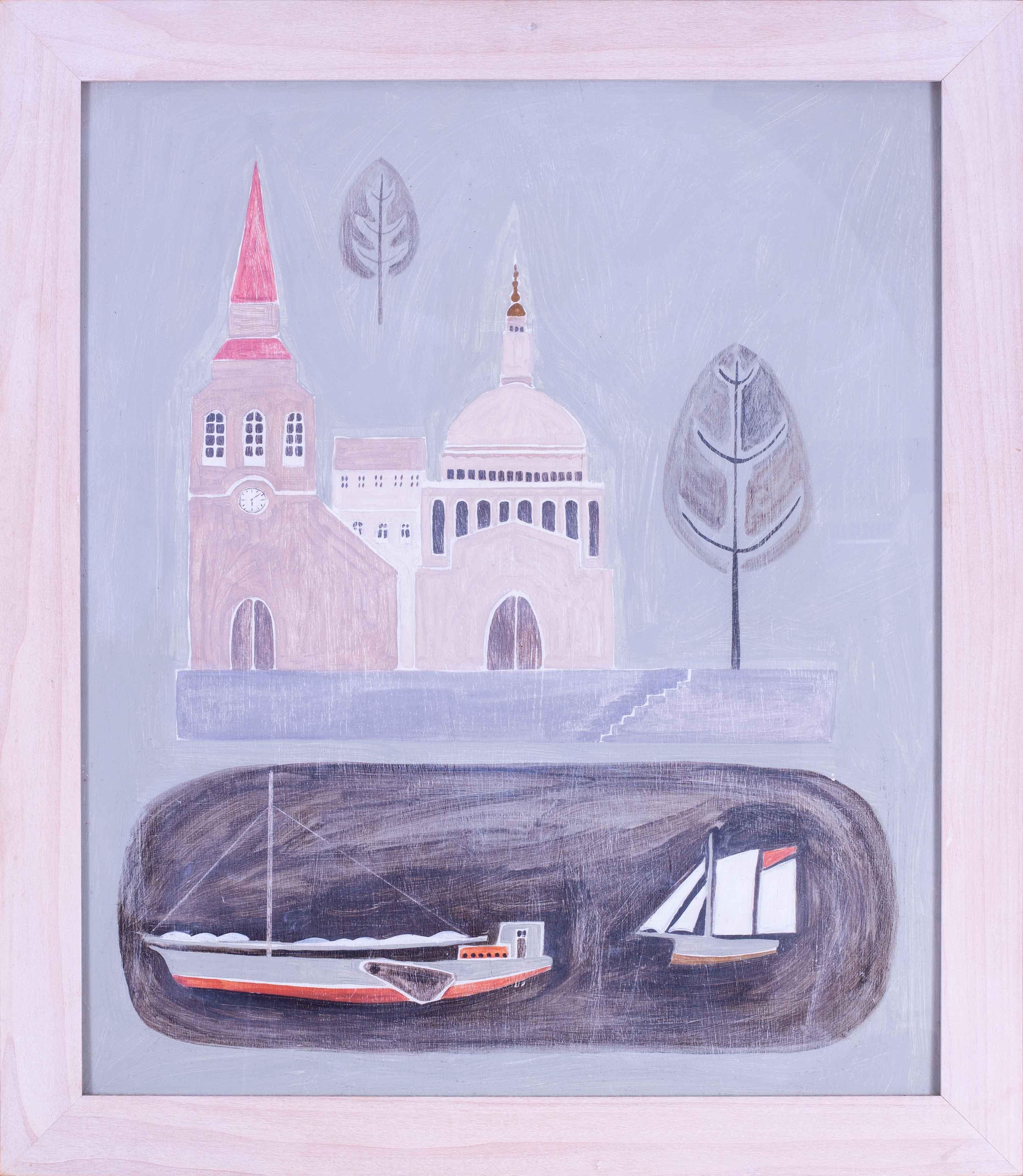 Beccy Marshall  Landscape Painting - 21st Century oil painting of a Thames barge in London, abstract in greys