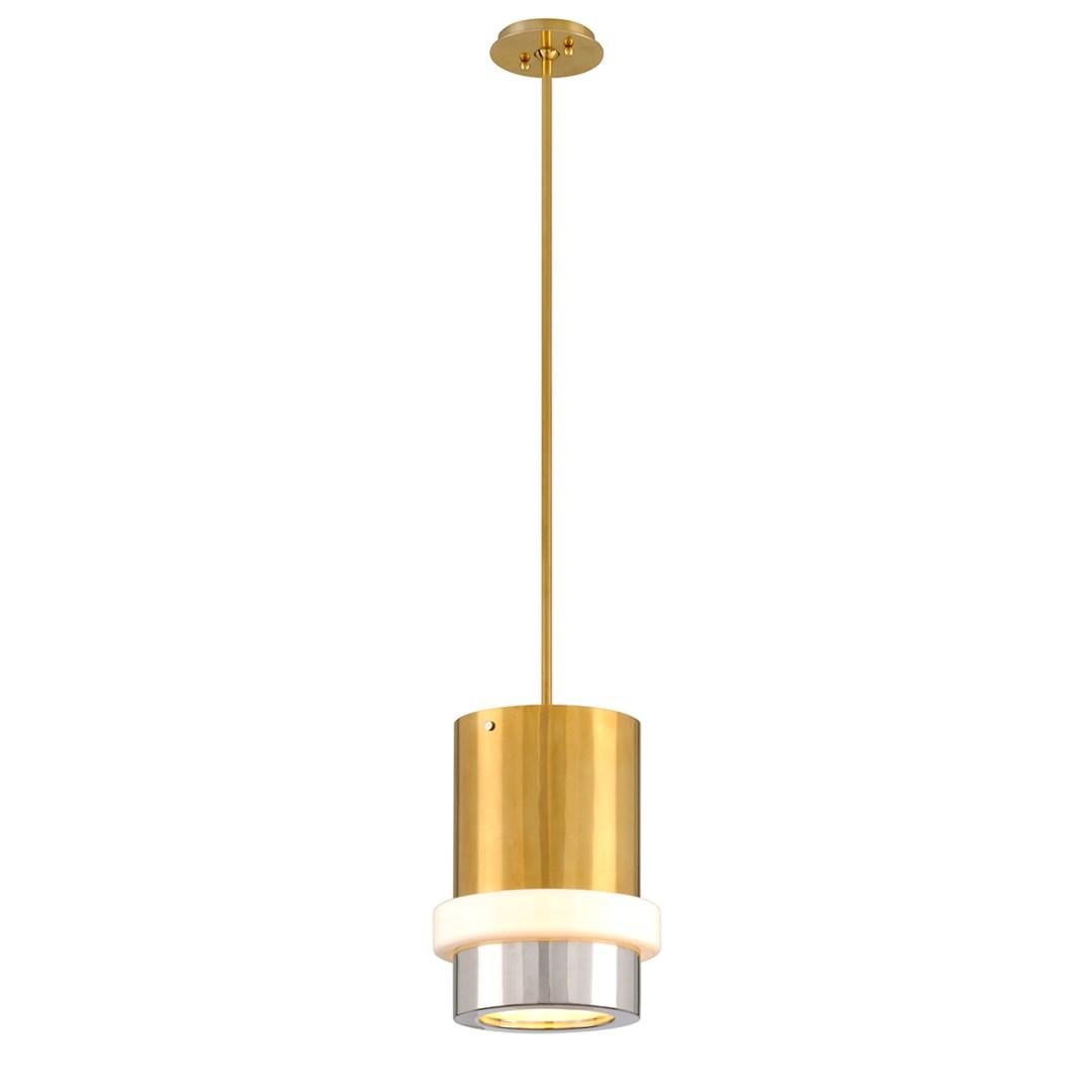 Martyn Lawrence Bullard for Corbett Lighting
Sleek tubular style and metallic sheen, ideal for contemporary interiors. 
Features a large Solid Brass cylinder, with two finishes separated by a ring of White Opal Glass. In addition to visually