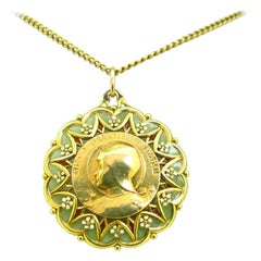 Becker Art Nouveau Joan of Arc Plique a Jour Yellow Gold Enemal Medal Pendant