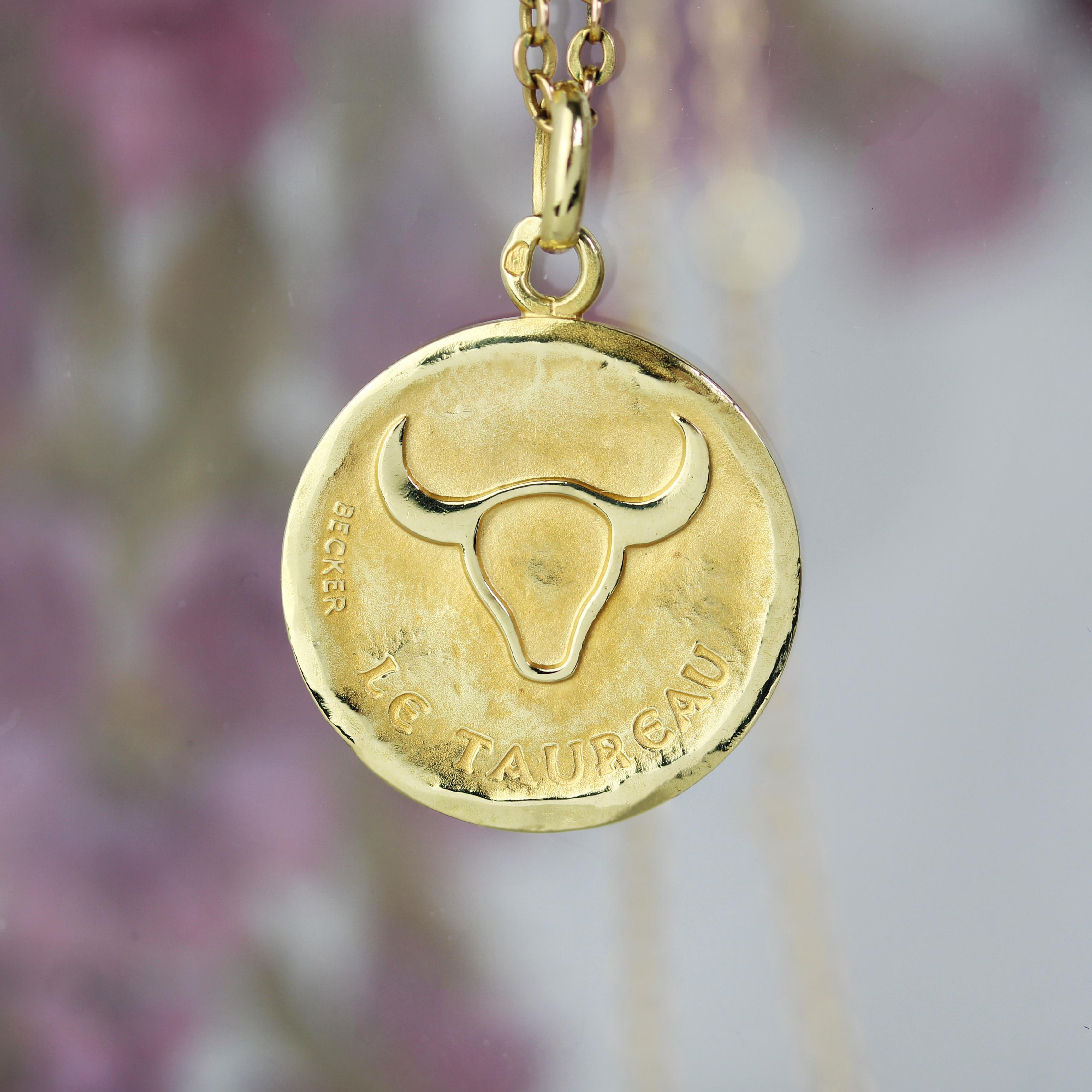 Retro Becker French 20th Century 18 Karat Yellow Gold Taurus Medal Pendant For Sale