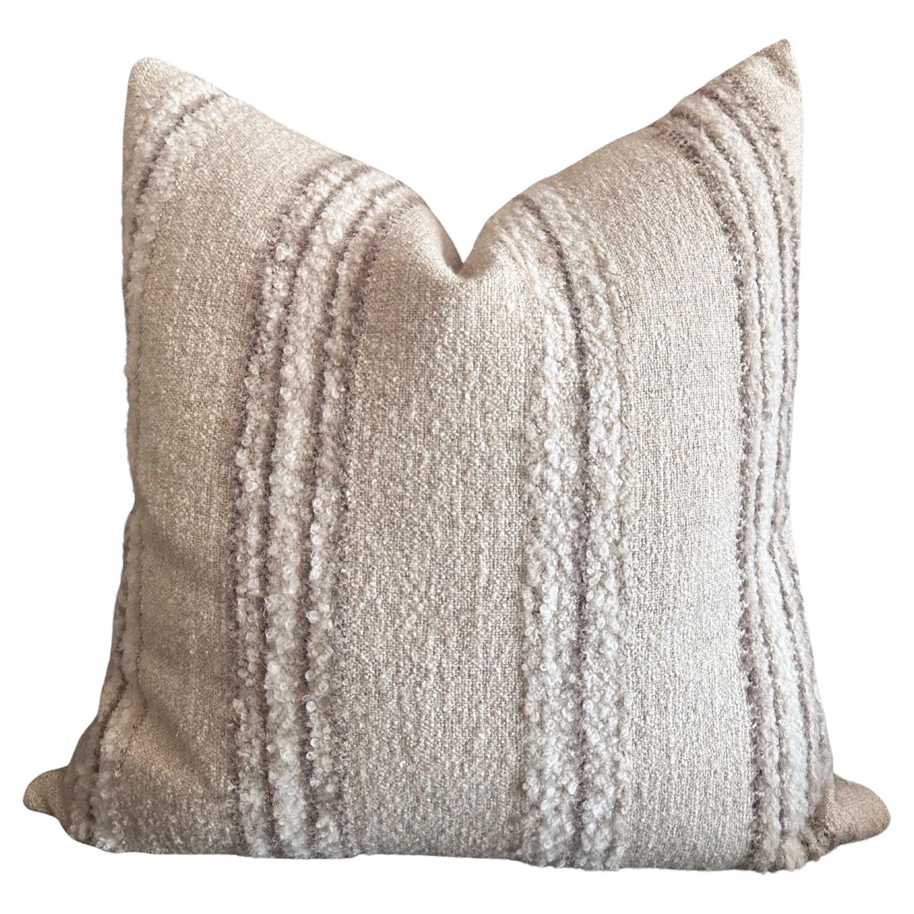 Becker Woven Linen and Wool Accent Stripe Pillow with Down Feather Insert For Sale