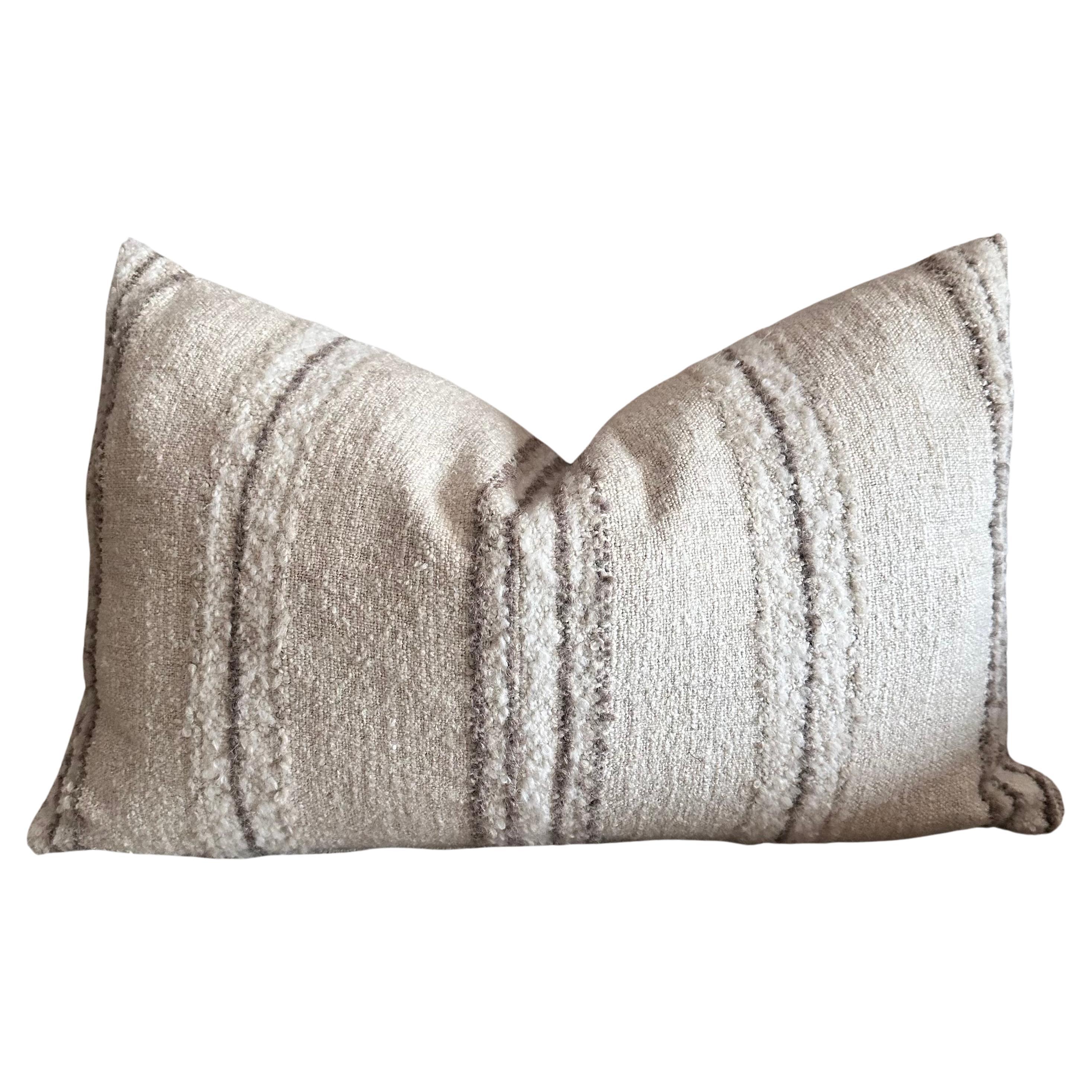 Becker Woven Linen and Wool Lumbar Stripe Pillow with Down Feather Insert For Sale