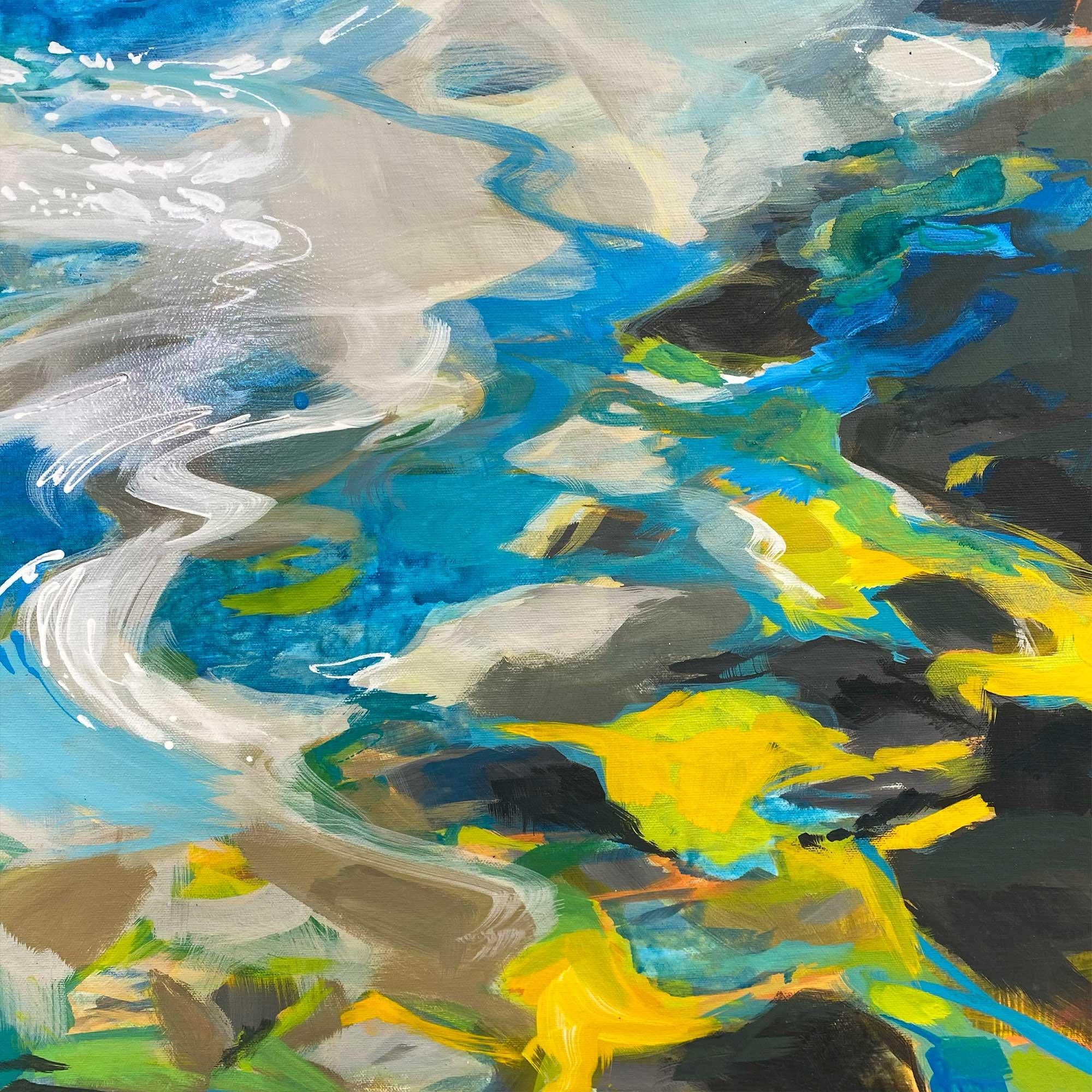 Paesaggio balneare luminoso in blu e giallo, accattivante - Landscape Painting Grigio di Becky Holuk