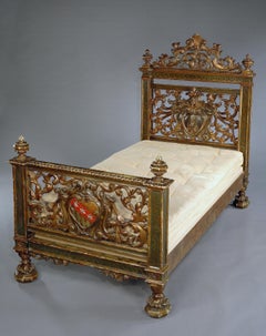Bed, 19th Century, Italian, Baroque, Carved, Painted, Gilded, Armorial Cartouche