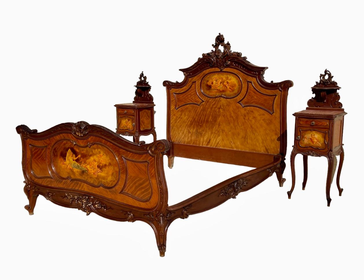 Wood Bed And 2 Nightstands In Louis XV Style Martin Varnish For Sale