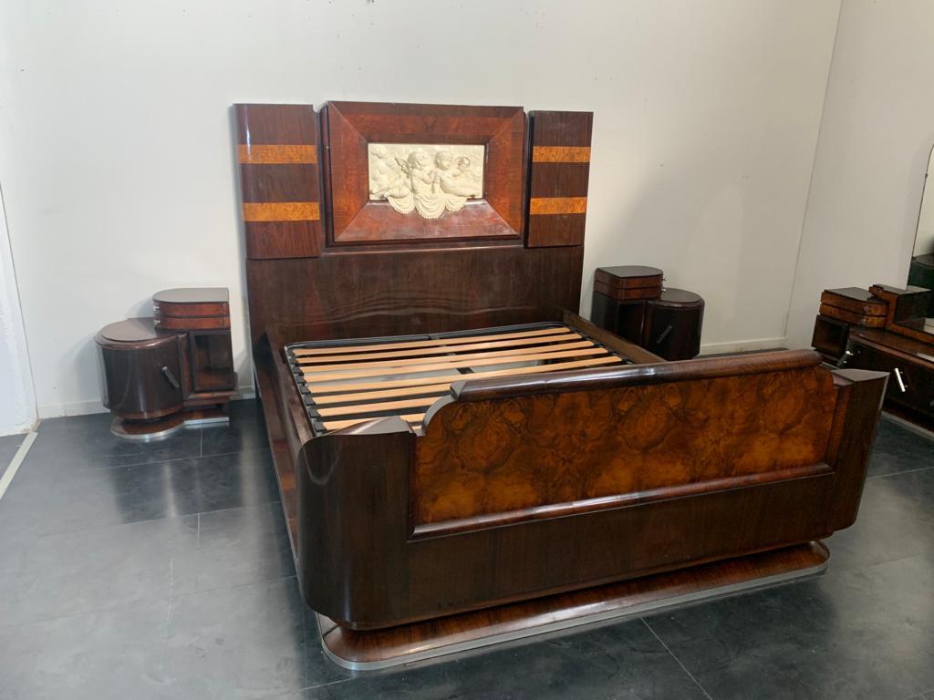 Art Deco Bed and Bedside Tables in Rosewood, Walnut and Carved Cherubs, 1920s For Sale