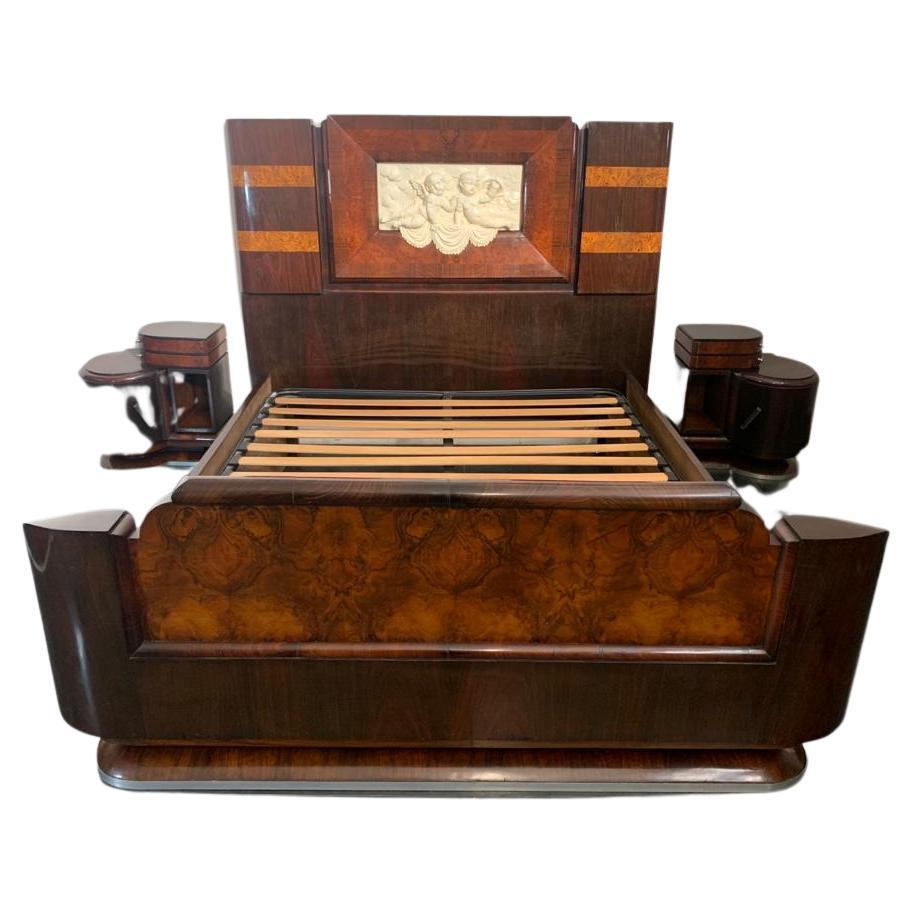 Bed and Bedside Tables in Rosewood, Walnut and Carved Cherubs, 1920s