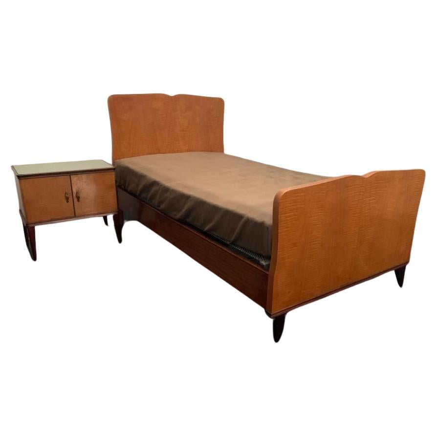 Bed and Nightstand Set In Blond Mahogany Wood, 1950s, Set of 2