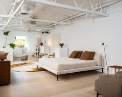 Bed, Beige Upholstered King Size Platform Design, Gunmetal Steel Feet, Italy