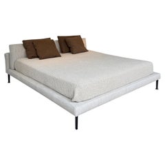 Bed, Beige Upholstered King Size Platform Design, Gunmetal Steel Feet, Italy