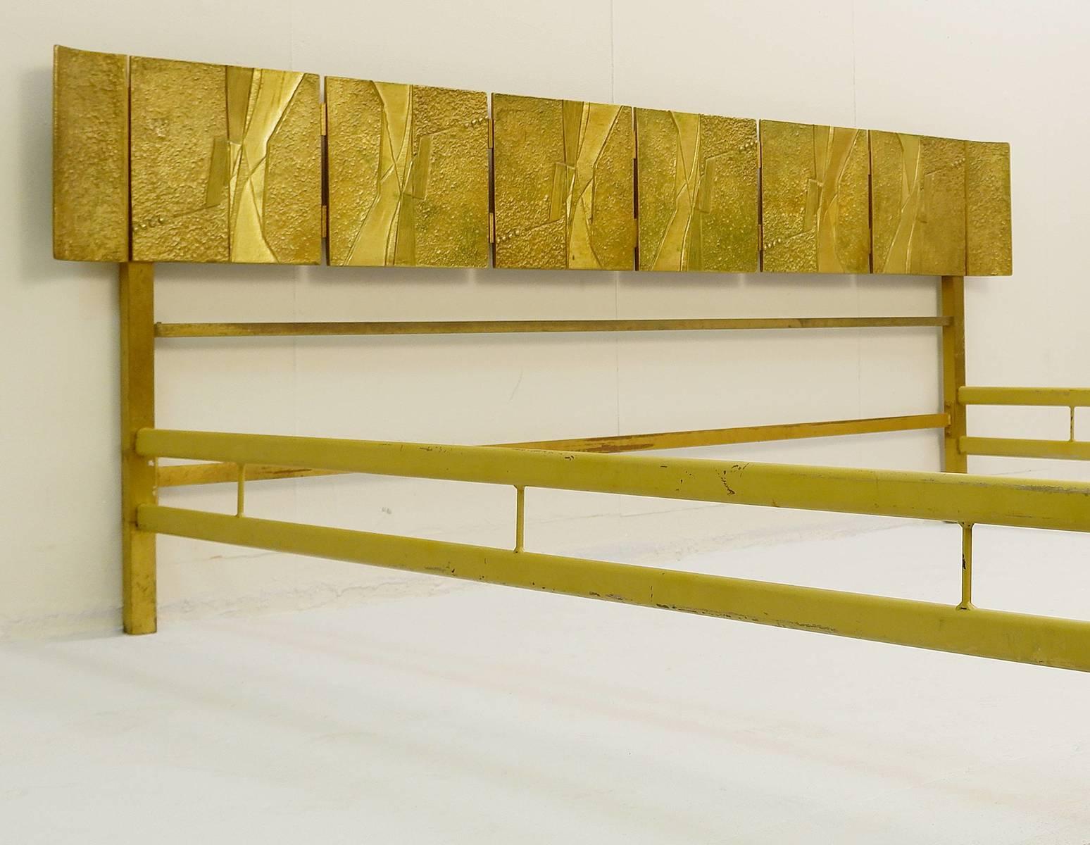 Mid-20th Century Bed by Luciano Frigerio With Cast Bronze Panels, Italy, 1960s