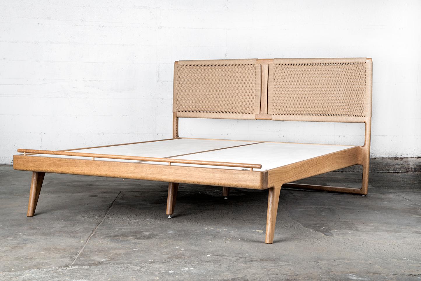 Contemporary Bed, Cali King, Danish Cord, Woven Headboard, Mid-Century Modern-Style, Hardwood For Sale