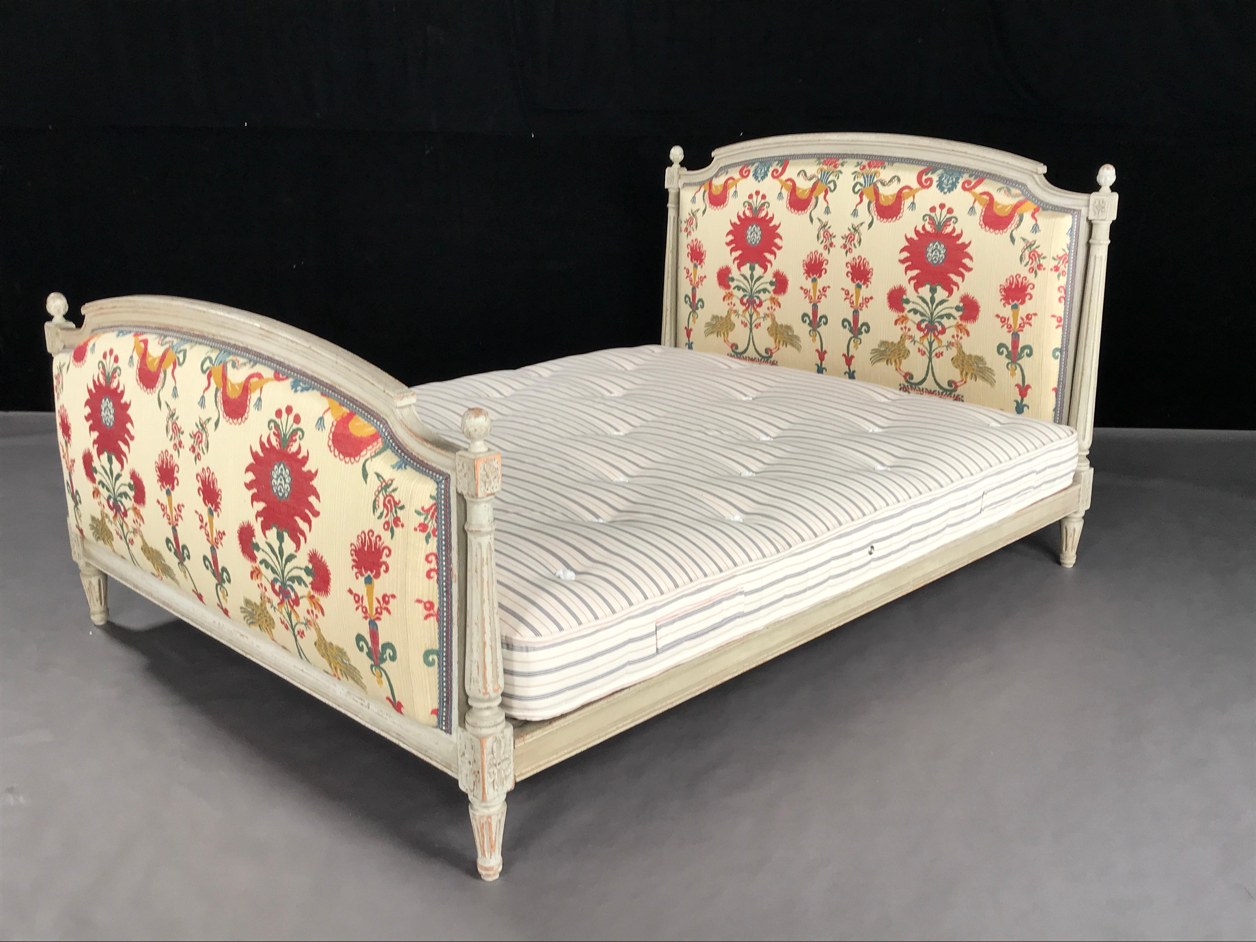 Bed Carved Painted Old White Susani Upholstered Louis XVI King For Sale 4