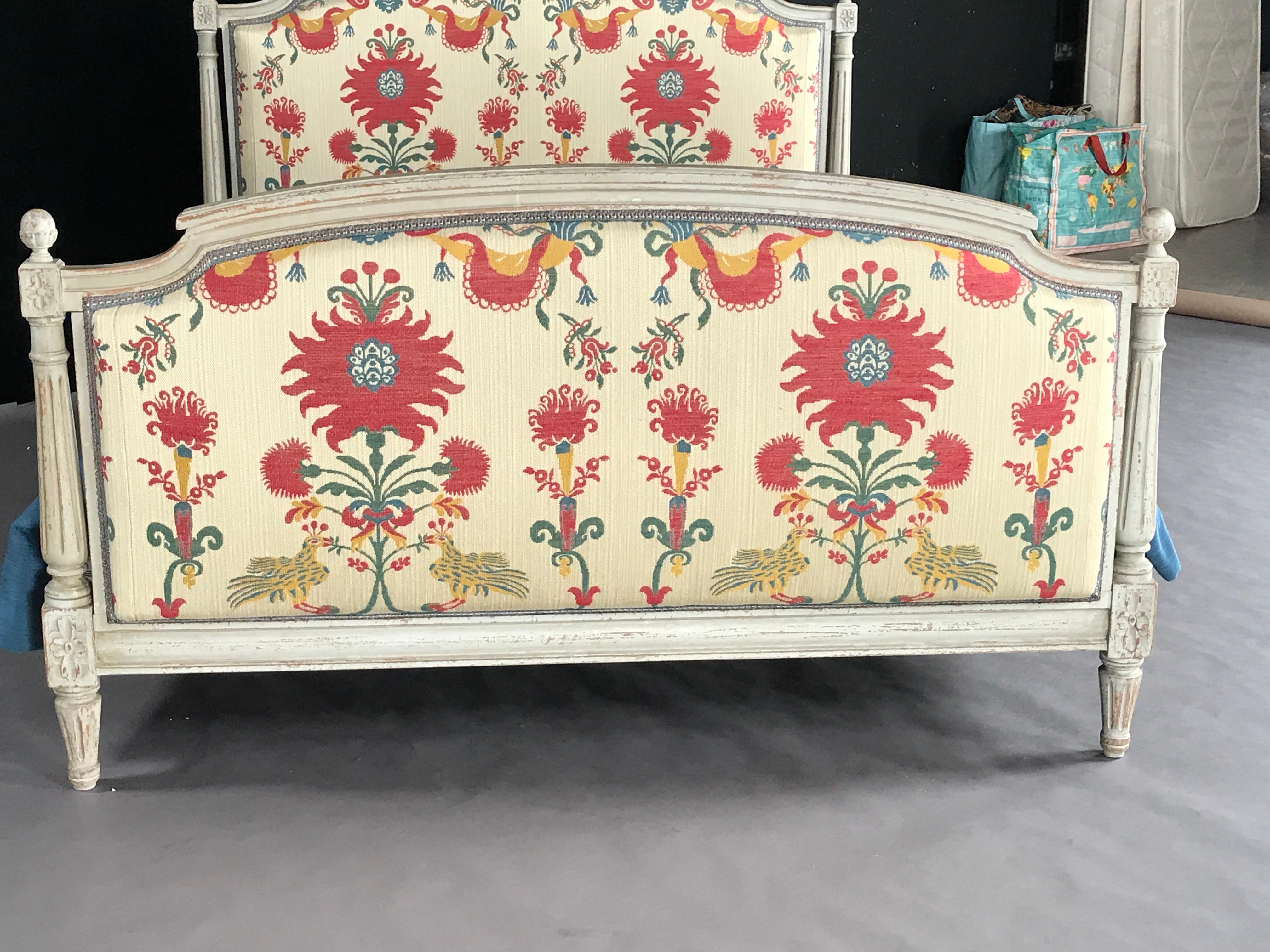 French Bed Carved Painted Old White Susani Upholstered Louis XVI King For Sale