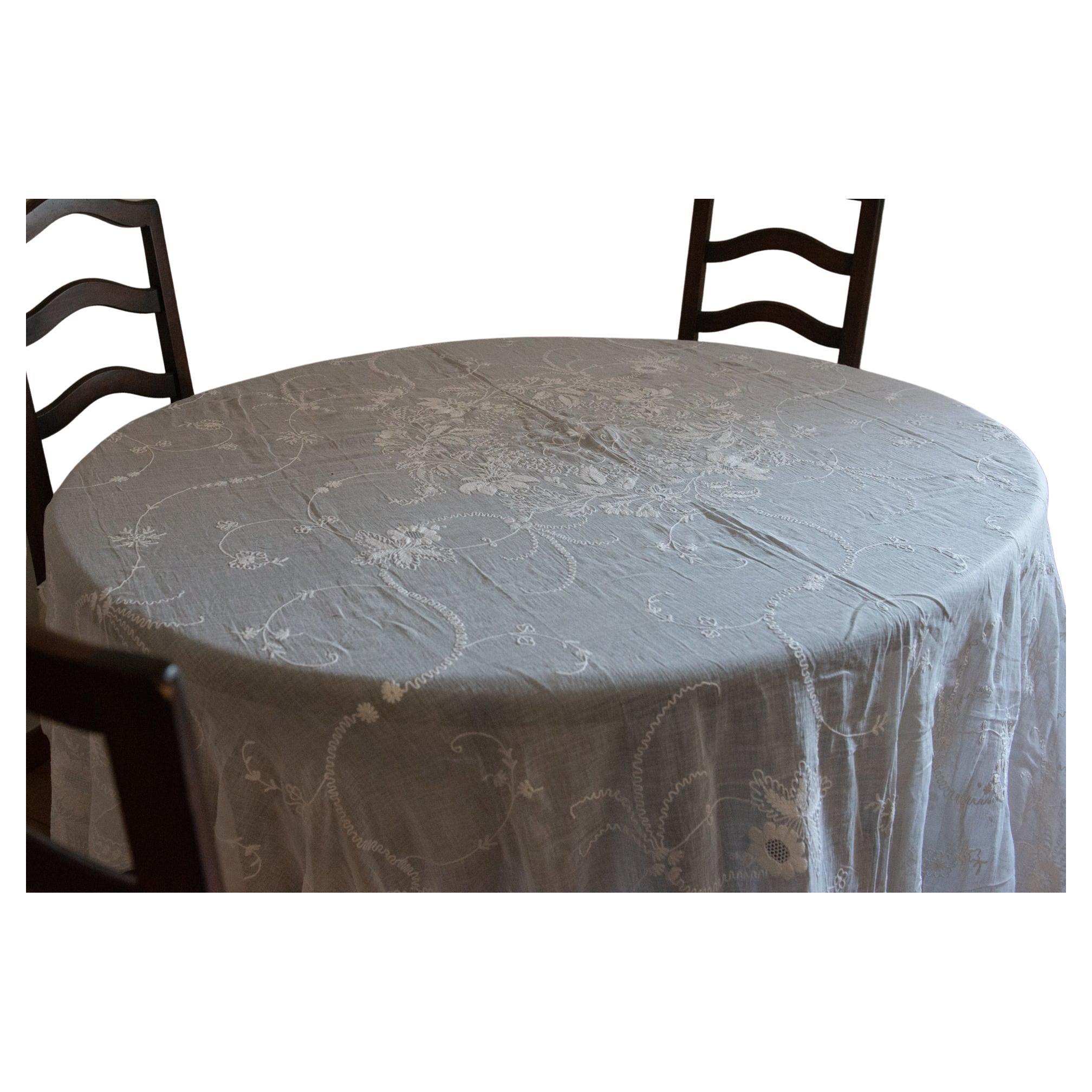 It's a rare perfect antique bed cover or important tablecloth, in completely French  hand embroidered cotton batiste named 