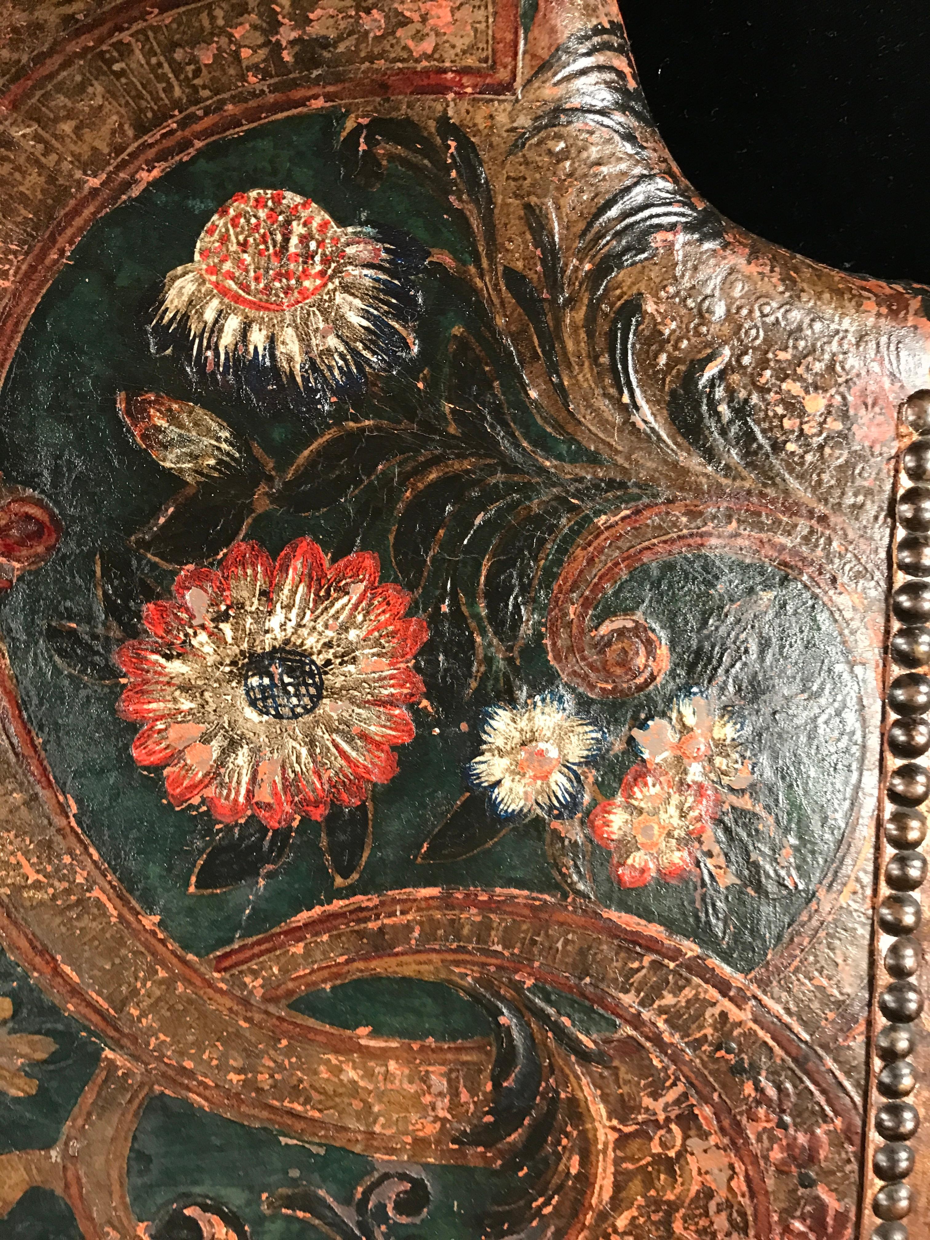 Bed Tester Spanish Baroque Carved Dark Green & Gilded Leather Superking 6ft180cm For Sale 2