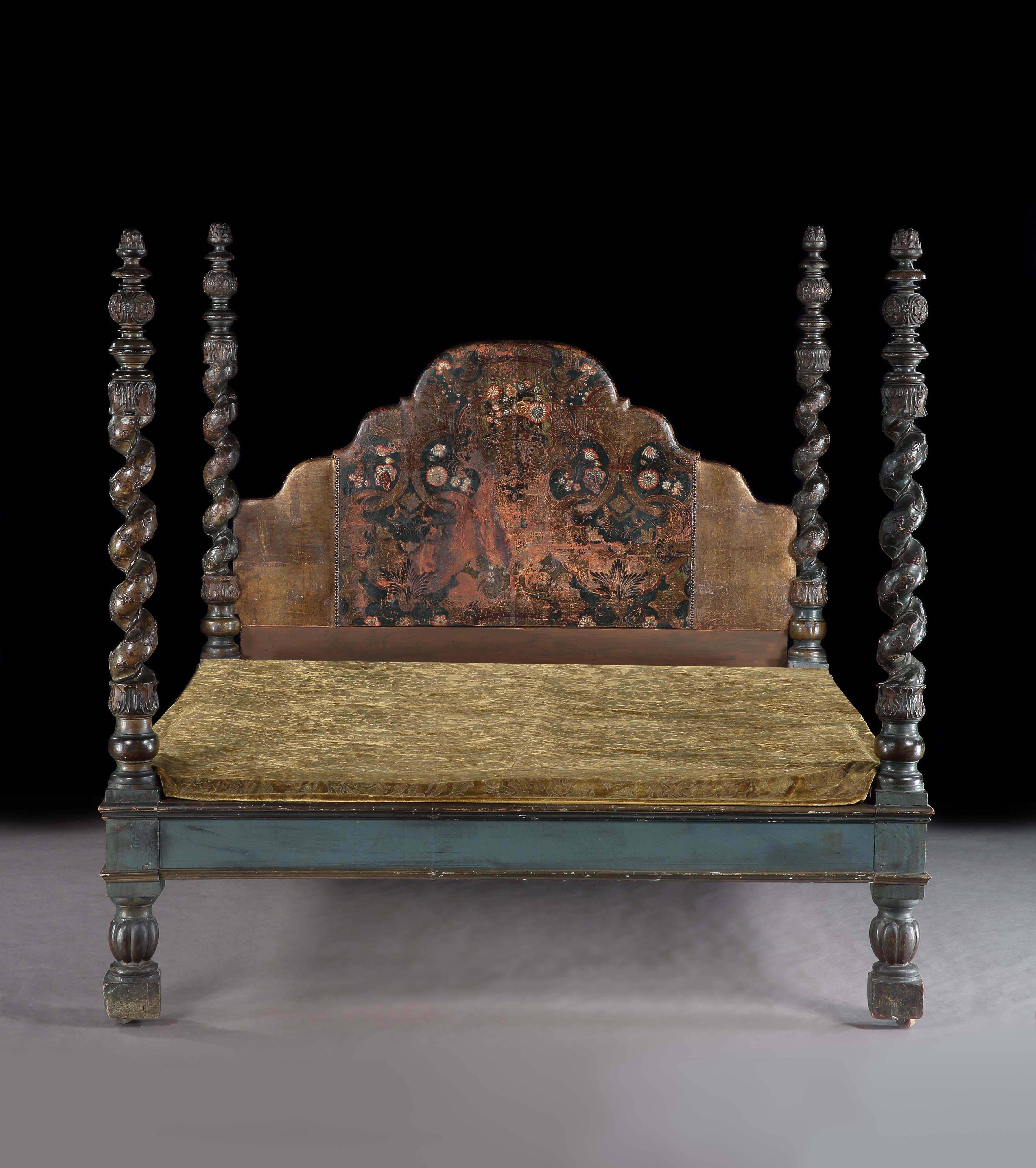 Rare, Spanish Demi-Tester, Baroque Bed With Carved, Green Painted & Gilded Posts 181cm, 6ft High, Floral Painted Leather Headboard, With Gold Velvet & Gilt Embroidered Bedspread, sold with custom made box spring mattress base, accomodates superking