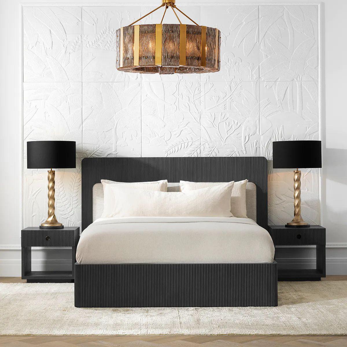 Moderne Bed Frame – Charcoal Grey Ribbed & Natural Fabric en vente