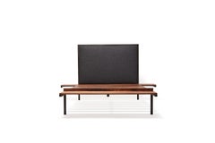 Bed Frame with Wool Headboard and Walnut Side Tables and Bench