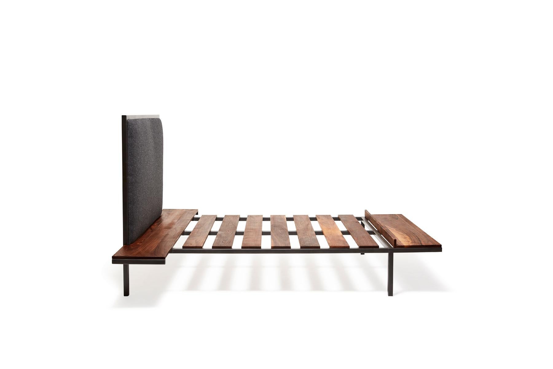 Modern Bed Frame with Wool Headboard and Walnut Side Tables and Bench For Sale